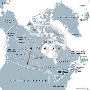 Canada, administrative divisions, provinces and territories, gray political map photo