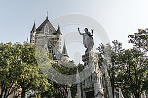 Canada Quebec City Fountain Monument of Faith woman in front of Chateau Frontenac tourist attraction UNESCO Heritage