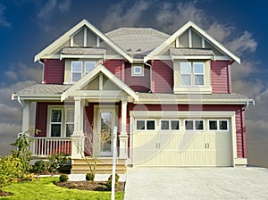 Canada Real Estate Home House Maison Red Siding Exterior Cloudy Dark Sky Background