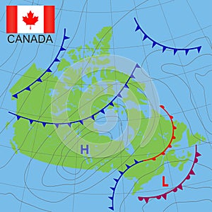 Canada. Realistic synoptic map of the Canada showing isobars and weather fronts. Meteorological forecast. Map country with