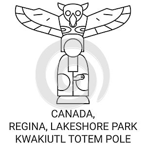 Canada, Regina, Lakeshore Park Kwakiutl Totem Pole travel landmark vector illustration