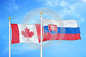 Canada and Slovakia two flags on flagpoles and blue cloudy sky