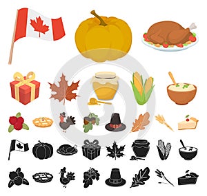 Canada Thanksgiving Day cartoon, black icons in set collection for design. Canada and Tradition vector symbol stock web