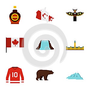 Canada travel icon set, flat style