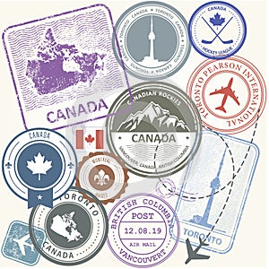 Canada travel stamps set - journey symbols of Canada