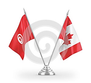 Canada and Tunisia table flags isolated on white 3D rendering