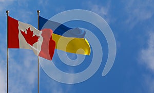 Canada and Ukraine flags. Blue sky and flag Poland and Canada. 3D work and 3D image