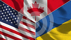 Canada and Ukraine and USA Realistic Three Flags Together