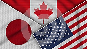 Canada United States of America Japan Flags Together Fabric Texture Illustration