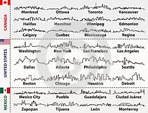 Canada, United States and Mexico cities skylines silhouettes