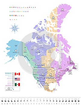 Canada, United States and Mexico time zones map. All elements separated in detached and labeled layers. Vector