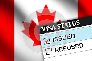 Canada visa issued on paper status with flag waving in the backdrop