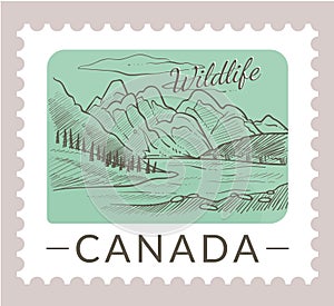 Canada wildlife, postcard with landscape vector