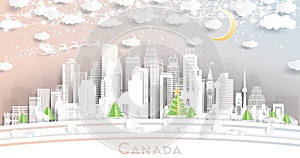 Canada. Winter City Skyline in Paper Cut Style with Snowflakes, Moon and Neon Garland. Christmas and New Year Concept. Santa Claus