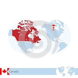 Canada on world globe with flag and regional map of Canada