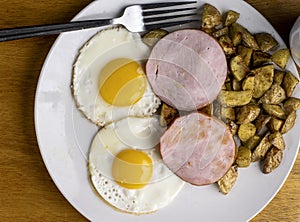 canadian bacon with fried eggs and home fries