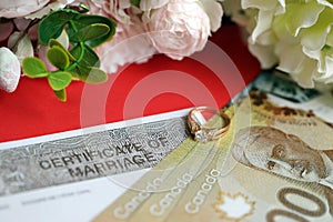 Canadian Certificate of marriage blank document and wedding ring with canadian dollars