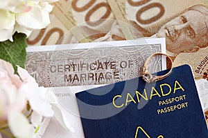 Canadian Certificate of marriage document and wedding ring with canadian dollars and passport