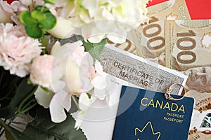 Canadian Certificate of marriage document and wedding ring with canadian dollars and passport
