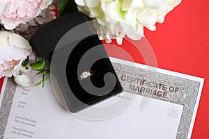 Canadian Certificate of registration of marriage blank document and wedding ring