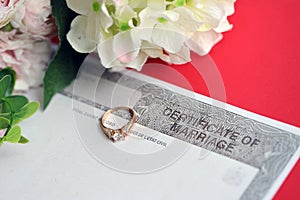 Canadian Certificate of registration of marriage blank document and wedding ring