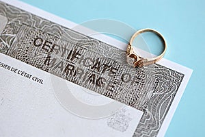 Canadian Certificate of registration of marriage blank document and wedding ring