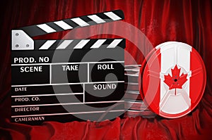 Canadian cinematography, film industry, cinema in Canada. Clapperboard with and film reels on the red fabric, 3D rendering