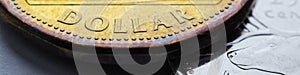 Canadian coins. Money change of Canada. 1 dollar Canadian coin close-up. Banner or header about economy or finance. News about