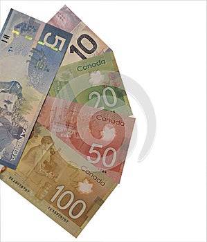 Canadian currency of denomination 5, 10, 20, 100