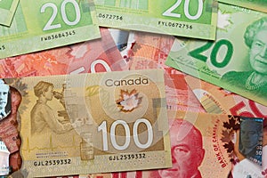 Canadian currency. Dollars. Overhead view of bills of different amounts