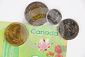 Canadian dollar currency coins. Circulating Canadian dollar coins or currency in the market. photo