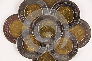 Canadian dollar currency coins. Circulating Canadian dollar coins or currency in the market. photo