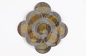 Canadian dollar currency coins. Circulating Canadian dollar coins or currency in the market. photo