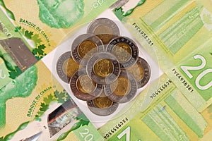 Canadian dollar currency coins. Circulating Canadian dollar coins or currency in the market. photo