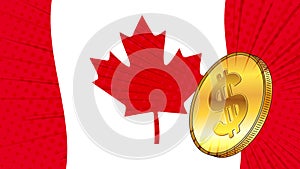 Canadian dollar gold coin with CAD currency sign and the colored flag of Canada on background. Currency by Central Bank of Canada