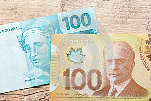 Canadian Dollars and Brazilian currency. Bils on wood rustic tab
