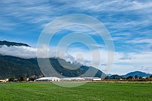 Canadian Farmland With Blue Cloudy Sky. Countryside Farm in the morning. Green agricultural field next to farm