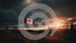 Canadian flag backlit by sunset over forest generated by AI