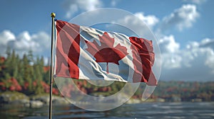 Canadian flag blowing in the wind on a flag pole.