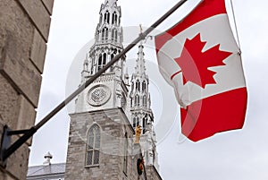 Canadian flags in front of the Notre-Dame Cathedral Basilica in Ottawa, Canada