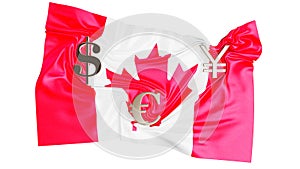 Canadian Flag Draped with Global Currency Icons Against a Black Background