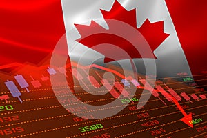 Canadian Flag and Economic Downturn With Stock Exchange Market Indicators in Red
