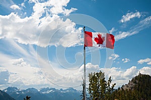 Canadian flag on mountain peak