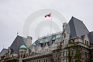 Canadian flag over Empress Hotel, Victoria, Canada