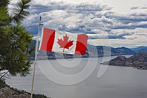 Canadian Flag over Okanagan Lake near Peachland British Columbia Canada