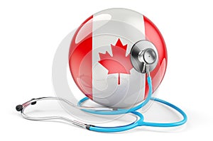 Canadian flag with stethoscope. Health care in Canada concept, 3D rendering