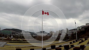 Canadian Flag Waving in the air of UN Memorial Cemetery in Busan, South Korea, Asia