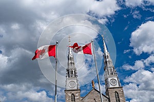 Canadian flags in the forefront of the Notre-Dame Cathedral Basilica in Ottawa. Canada