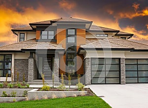 Canadian Home House Exterior Dramatic Cloudy Sunset Sky Background