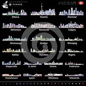 Canadian largest cities and all states capitals skylines in bright color palettes with map and flag of Canada